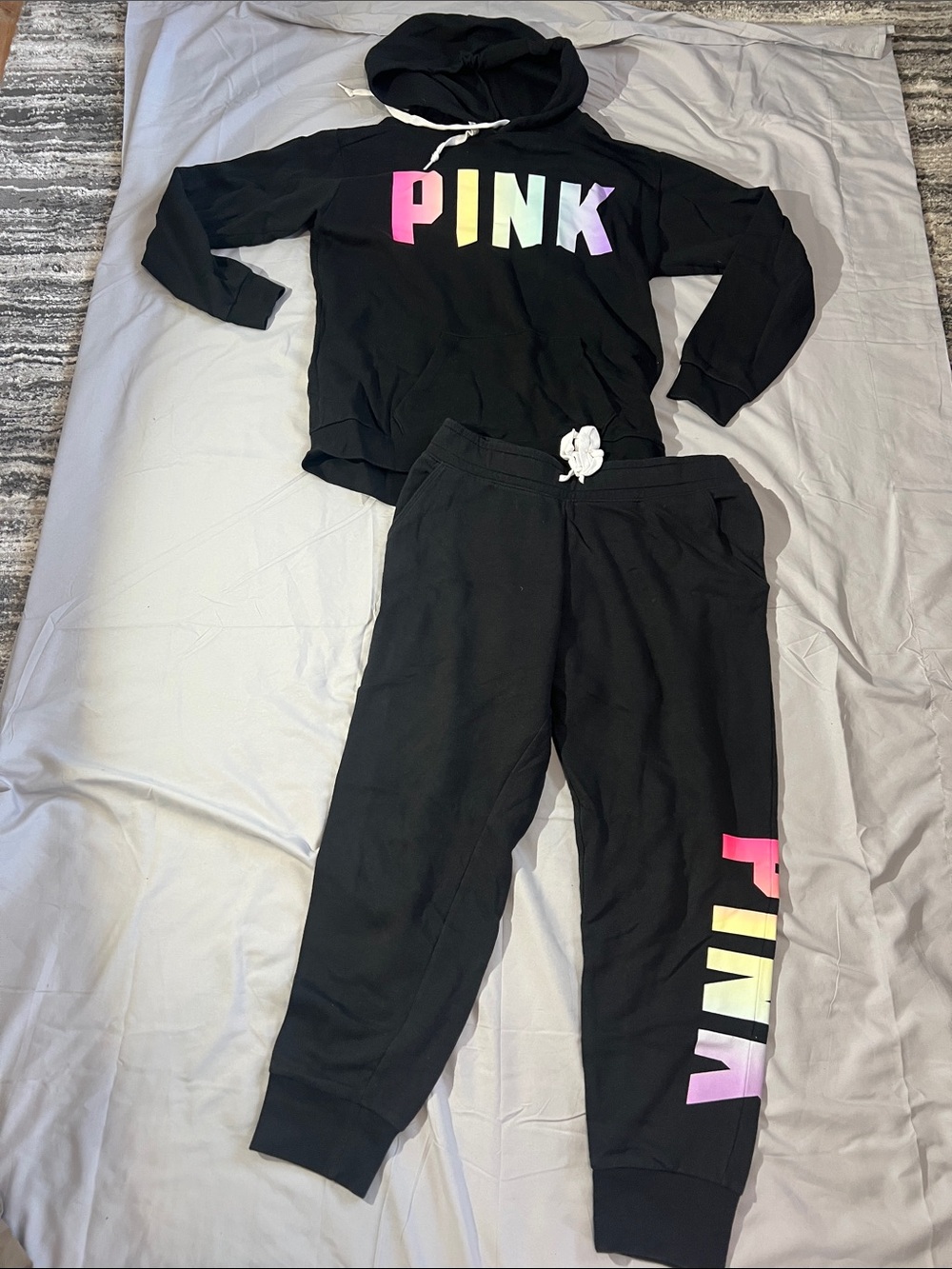 PINK Victoria's Secret Black Hoodie & Jogger Set with Rainbow Lettering